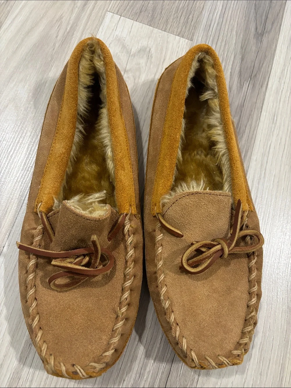 L.L. Brown Suede Moccasin Slippers with Fur Lining Kids Size 6
